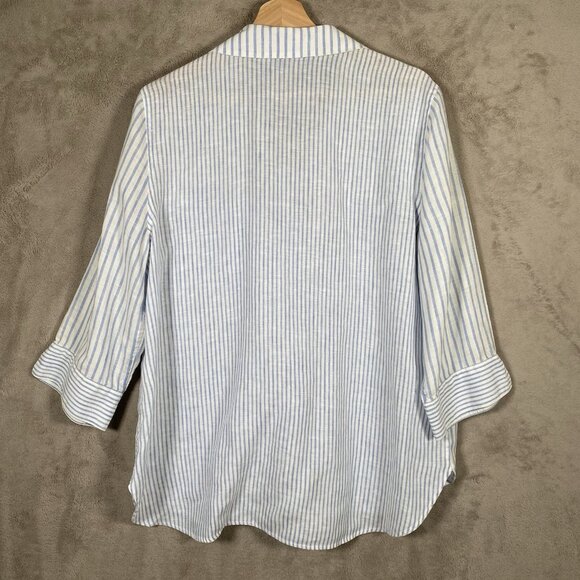 Chicos No Iron 100% Linen Shirt 2 Button Up Blue Striped Beachy Coastal Preppy - Picture 3 of 15